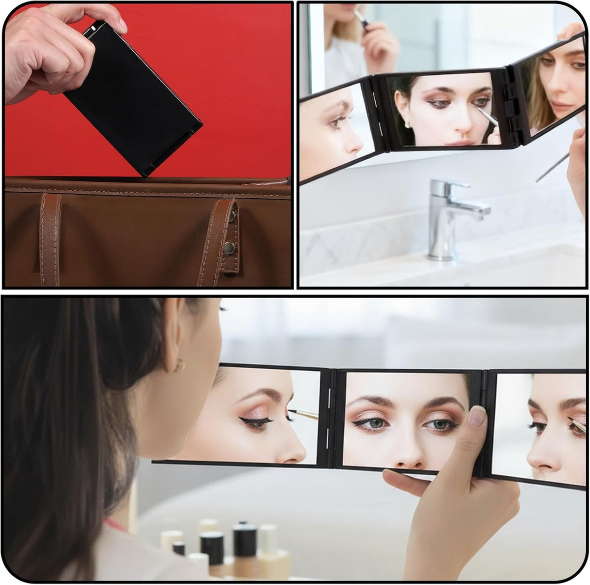Foldable 4-Way Makeup & Haircut Mirror Portable 360° Handheld Black