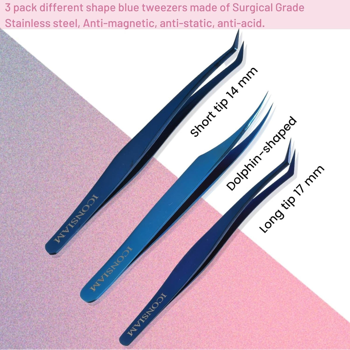 Eyelash Extensions Tweezers Set - 3 Pieces Stainless Steel with Dolphin-Shaped Applicator