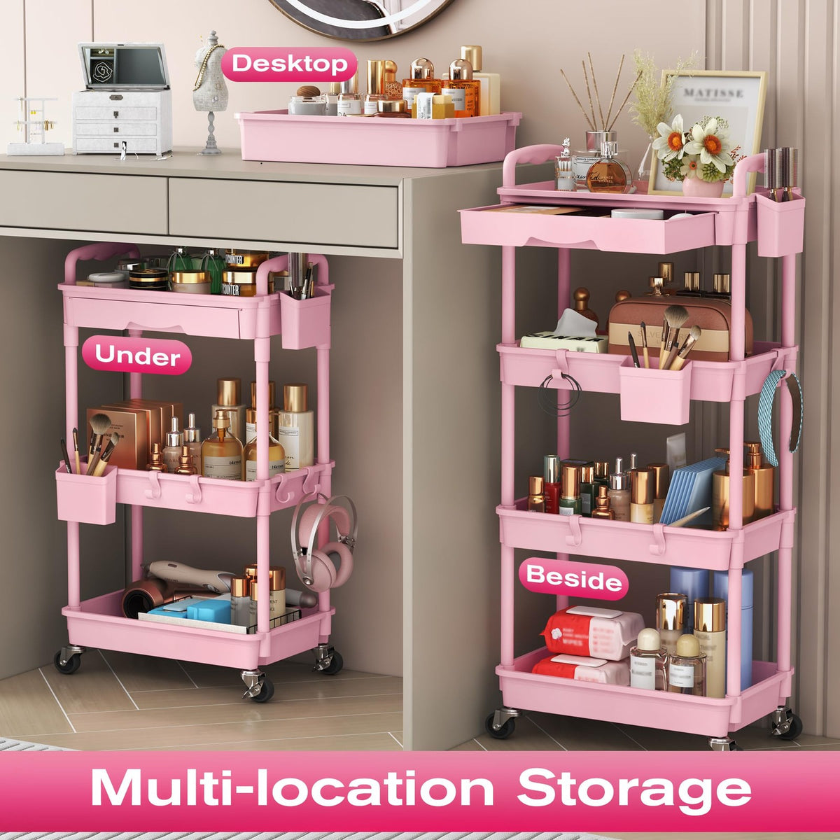 Pink 3-Tier Rolling Makeup Organizer Cart with Removable Drawer