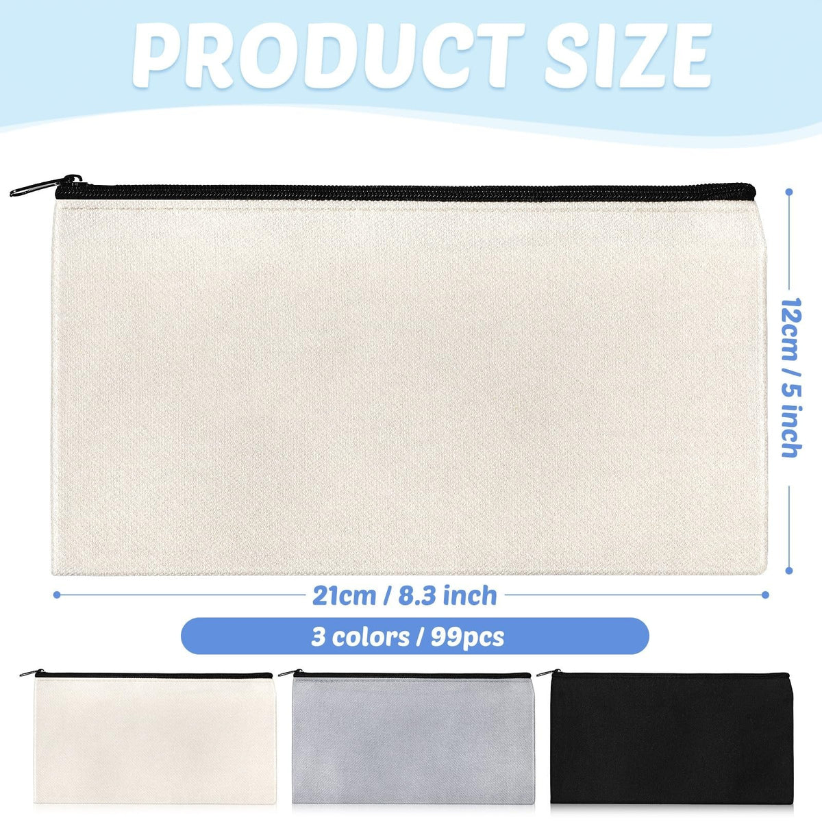 99 Pcs Blank Canvas Zipper Pouches Bulk 8.3 x 5 in Assorted Colors - DIY Craft Bags