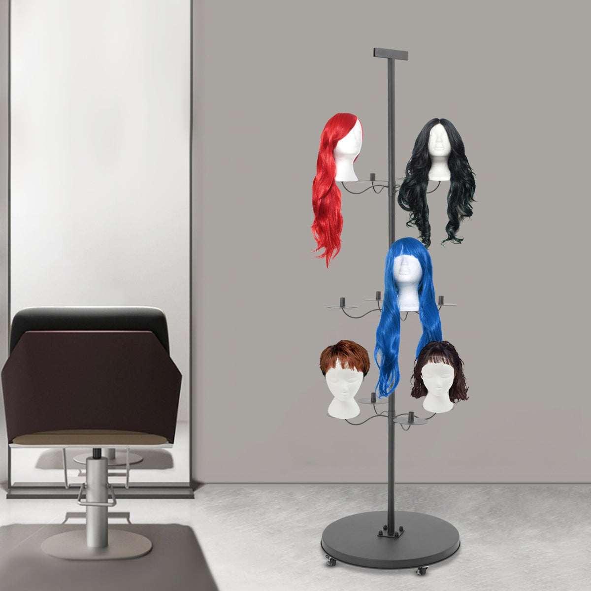 12-Head Wig Display Stand Black Wig Holder & Storage Rack 70x20in