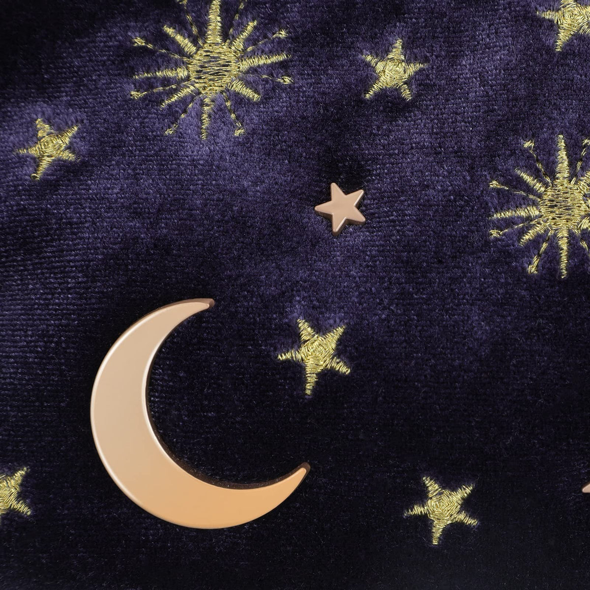 Starry Navy Velvet Cosmetic Bag with Moon and Stars Embroidery, Portable Makeup and Travel Organizer