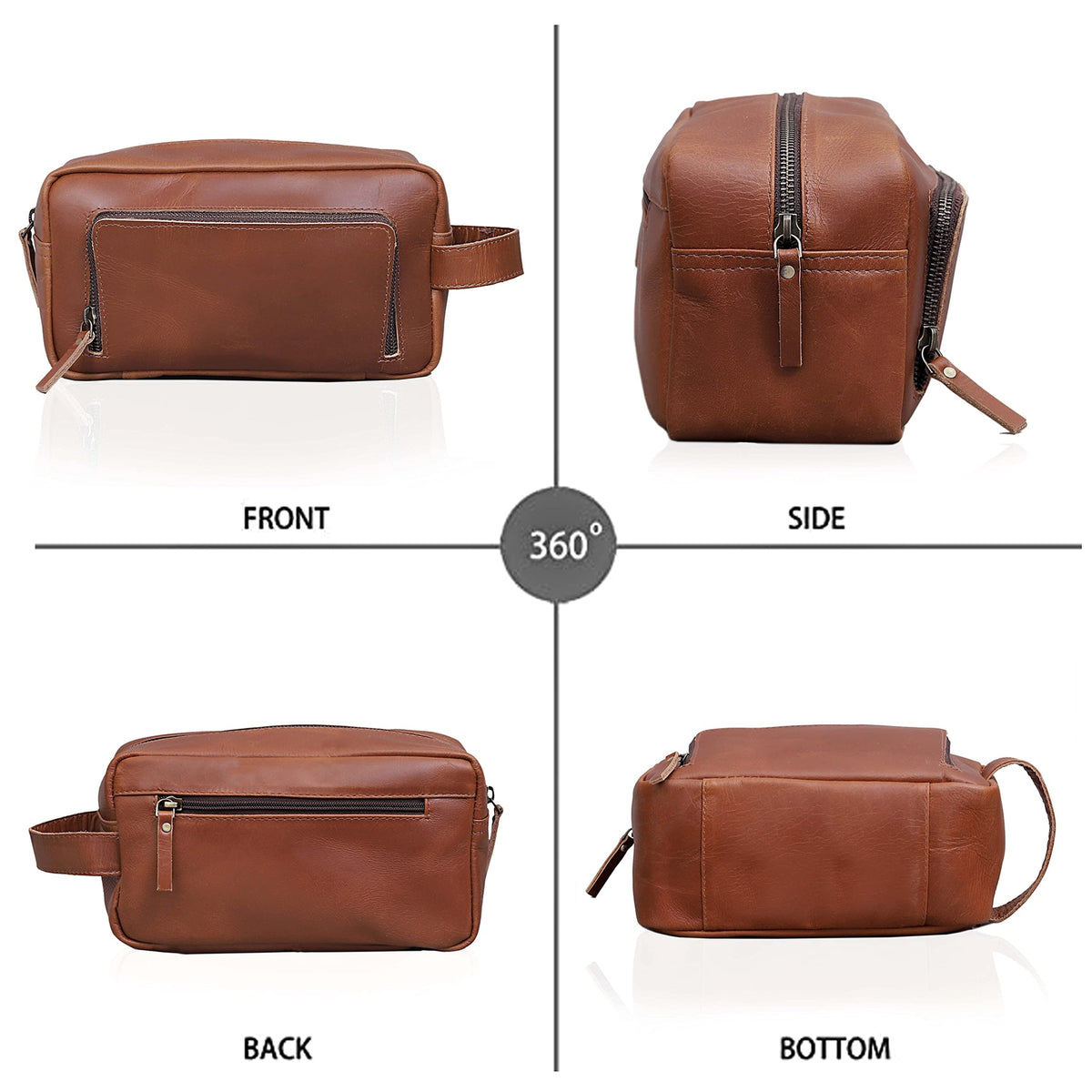 Men's Leather Travel Dopp Kit with Waterproof Interior and Multiple Compartments