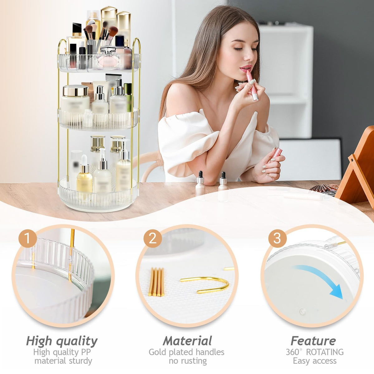 Rotating Makeup Organizer 3-Tier Acrylic Storage - 9 Inch Diameter