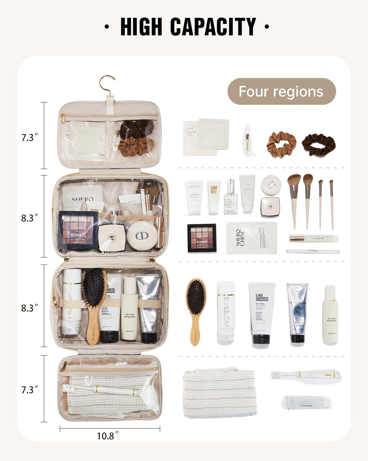 Travel Toiletry Bag with Hanging Hook Waterproof Makeup Organizer - Large Capacity