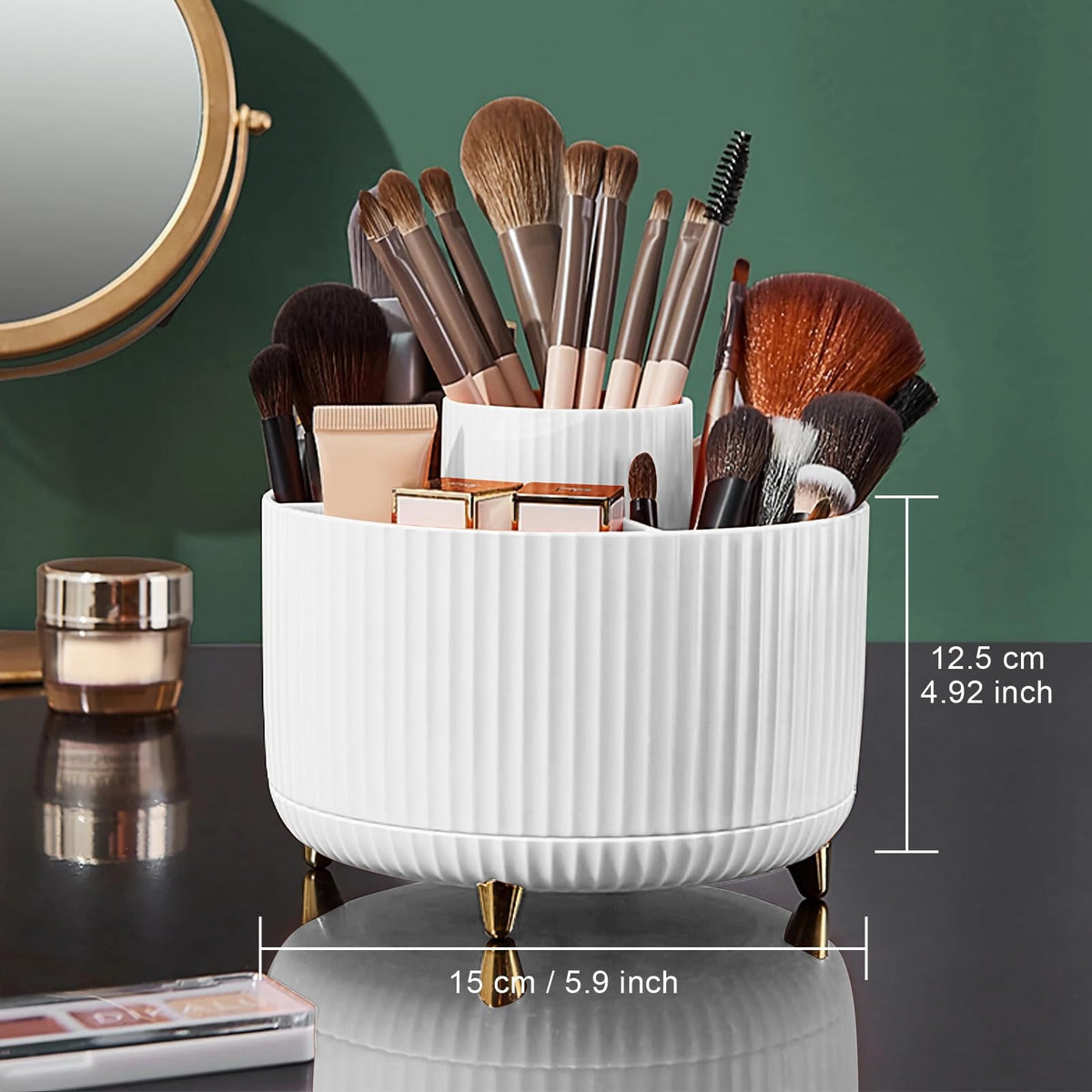 Rotating Makeup Brush Organizer Holder with 5 Compartments, White