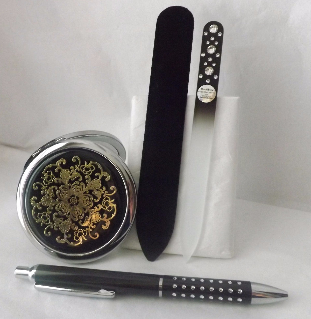 Dual Sided Compact Mirror with Pen & Czech Glass Nail File Gift Set