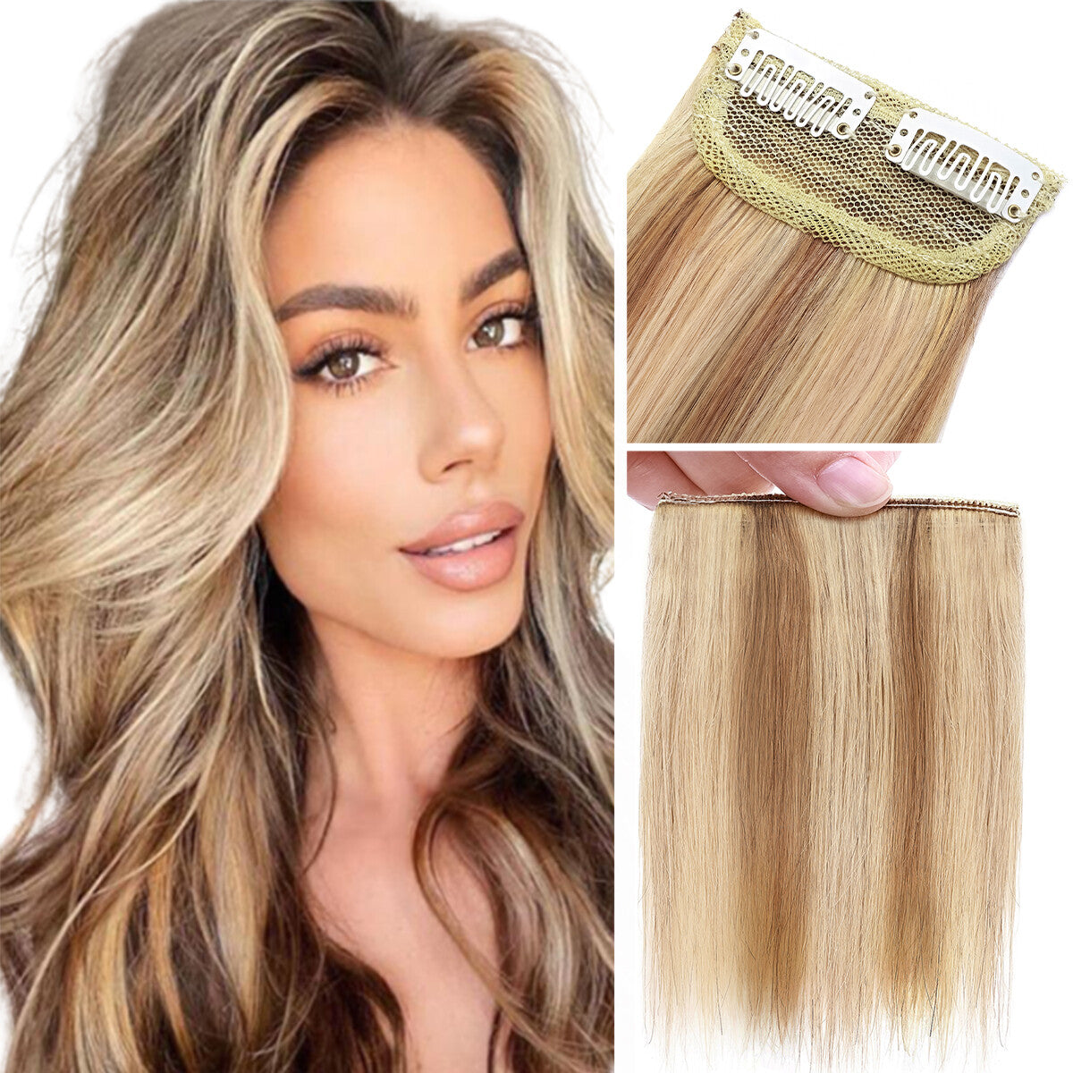 Clip-In Hair Extensions 100% Real Human Hair Fluffy Remy Hair Topper Set