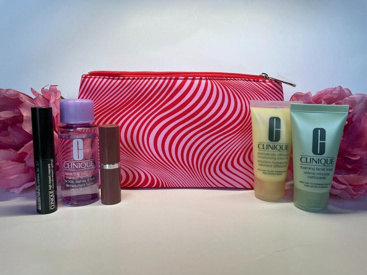 Travel Cosmetic Bag with 5 Clinique Skincare Products - New