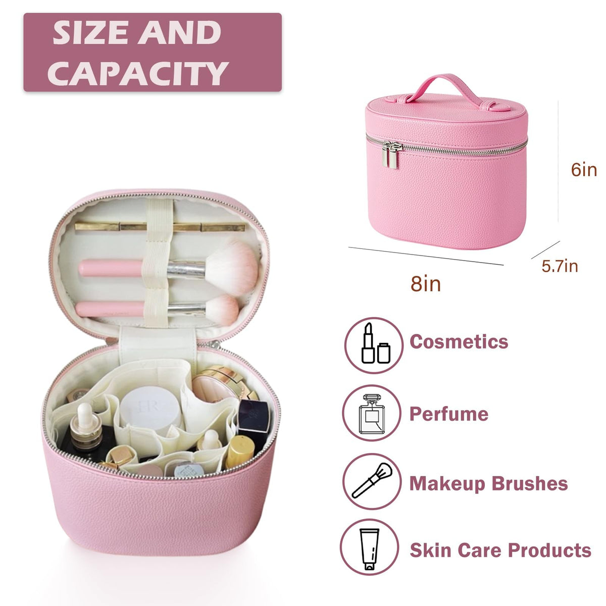Large Capacity Leather Makeup Bag with Removable Washable Compartments, Waterproof Cosmetic Organizer