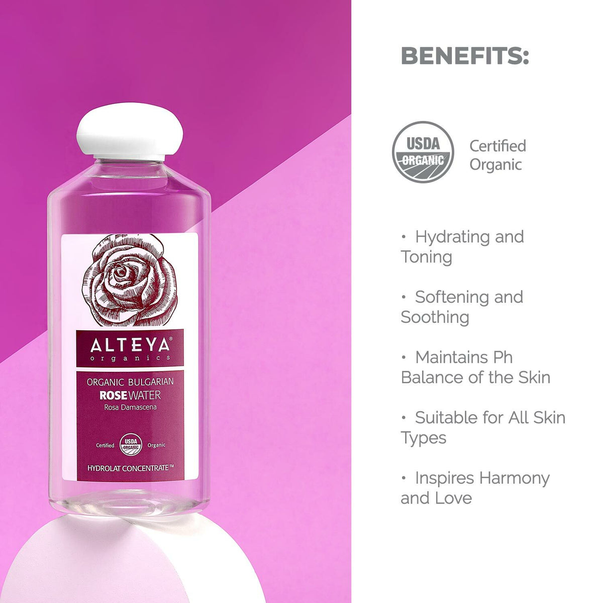 Organic Rose Water - Pure Bulgarian Floral Hydrosol for Skin Care & Sensitive Skin