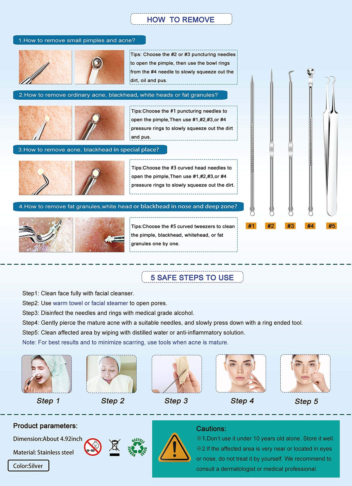 Blackhead Remover Comedone Extractor Set - 5PCS Skin Pore Tool Kit