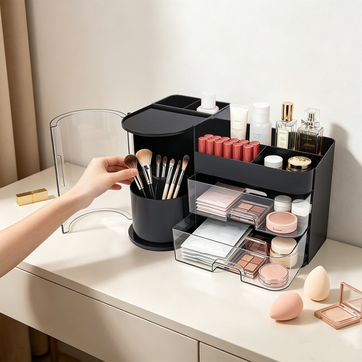 Rotating Makeup Organizer with Drawers & Brush Holder - Black
