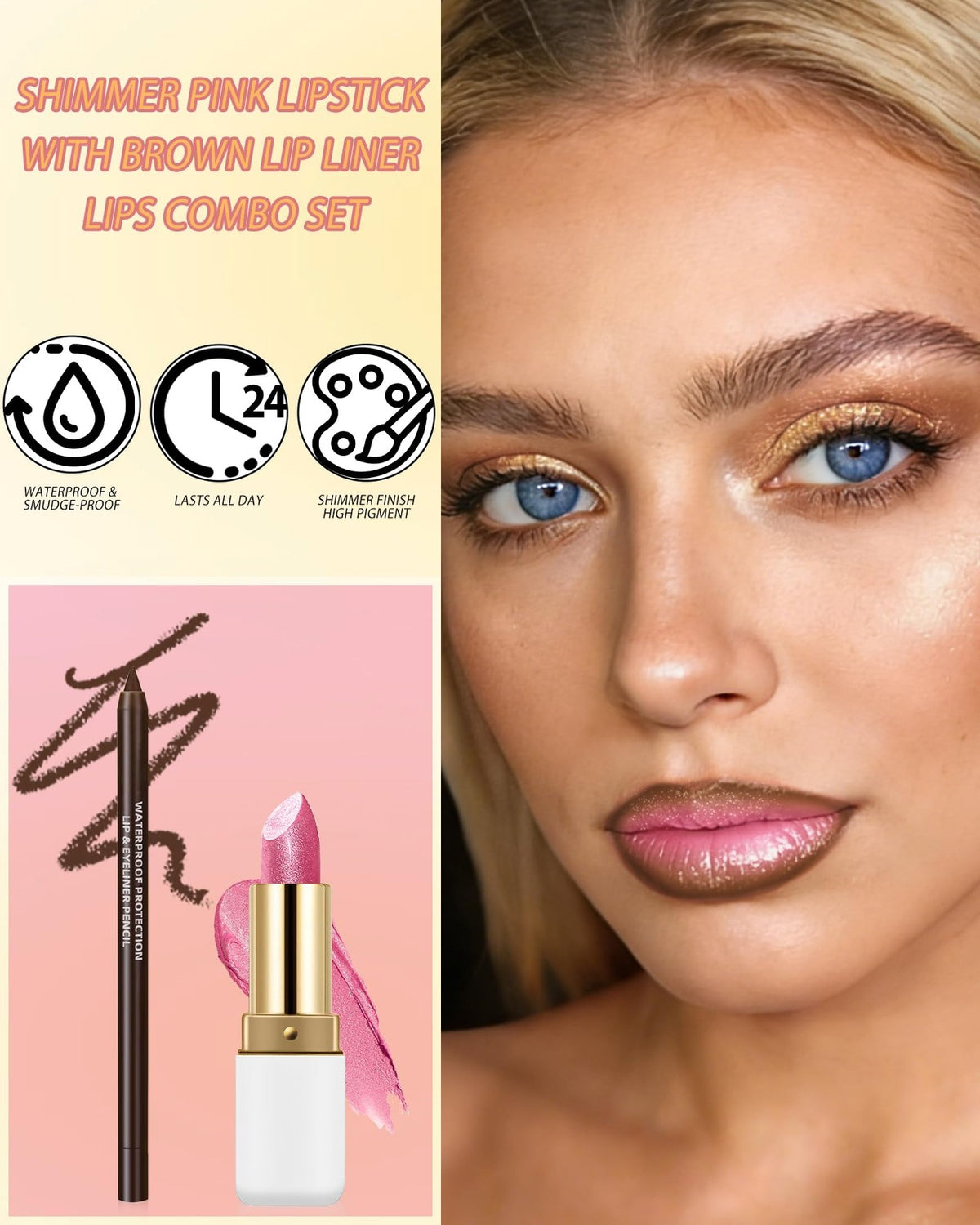 Pink Shimmer Lipstick and Brown Lip Liner Set - Long Lasting & Glitter Finish