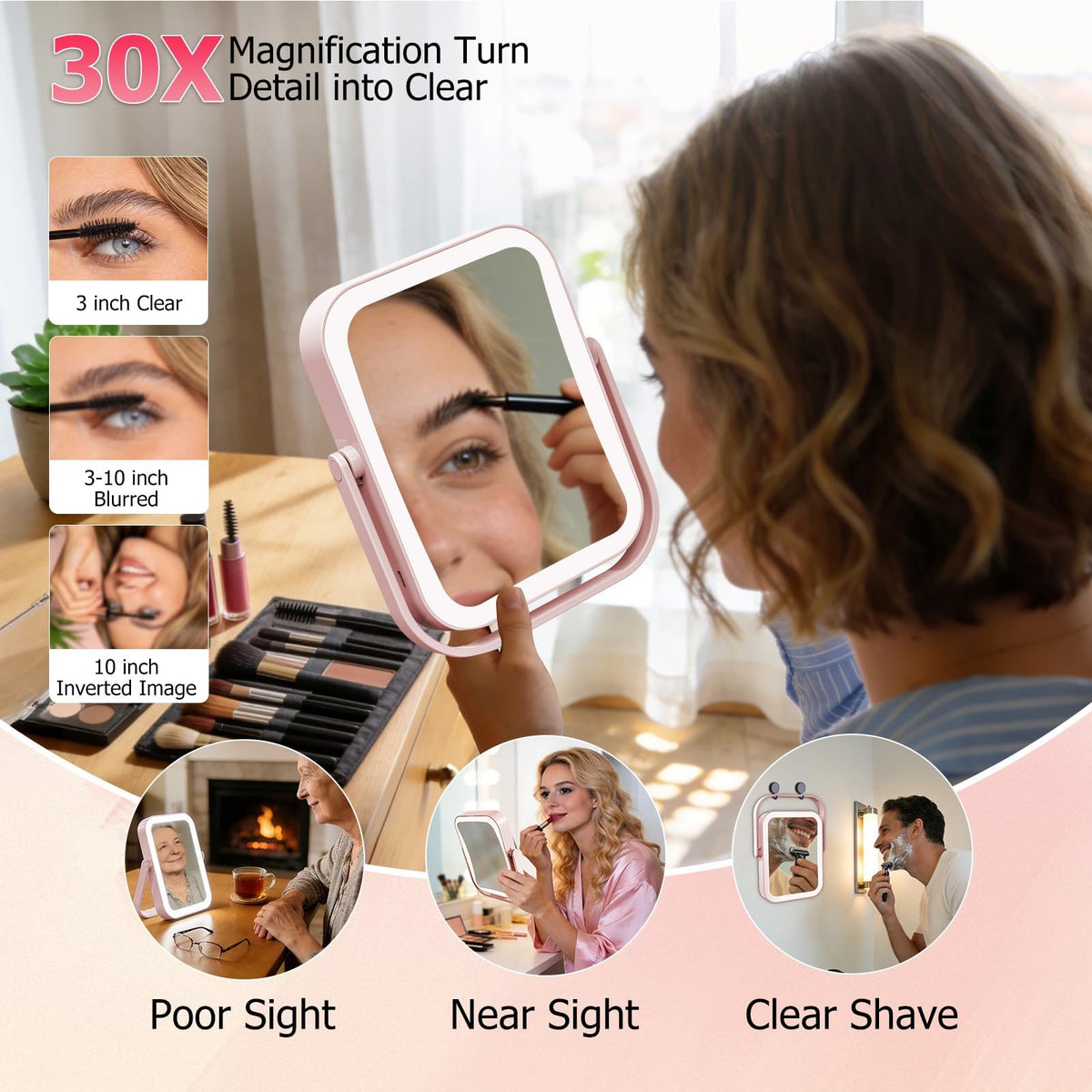 Travel Makeup Mirror with Lights 30X/1X Dimmable Touch Screen Pink Rechargeable Vanity