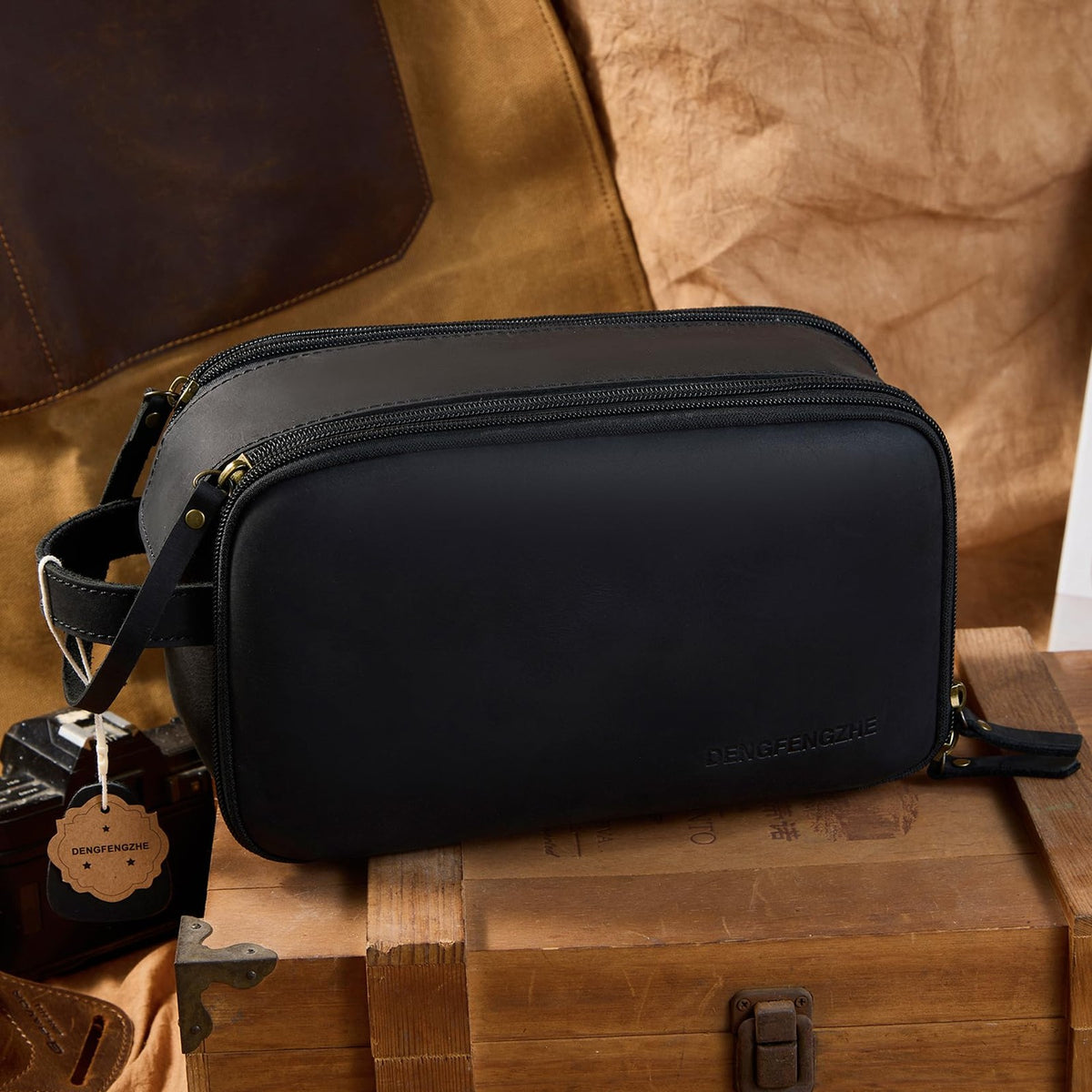 Men's Full Grain Leather Travel Toiletry Bag - Water-Resistant Shaving Kit