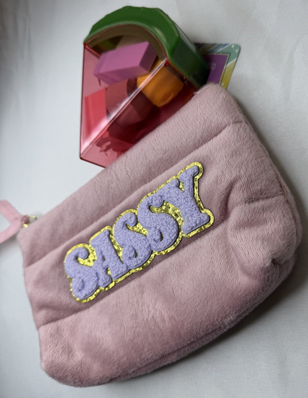 Multicolor Sequin Cosmetic Bag with Pink Zipper & Free Makeup Sponges