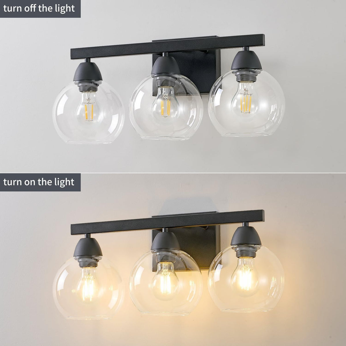 3-Light Black Vanity Light Fixture with Hand-Blown Glass Shades for Bathroom