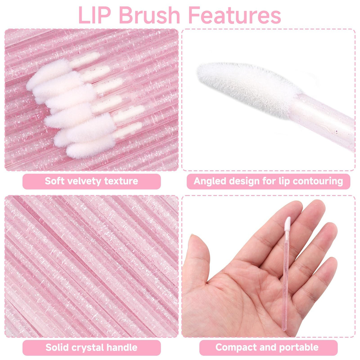 Disposable Glitter Crystal Lip Brushes 100 Pack - Pink