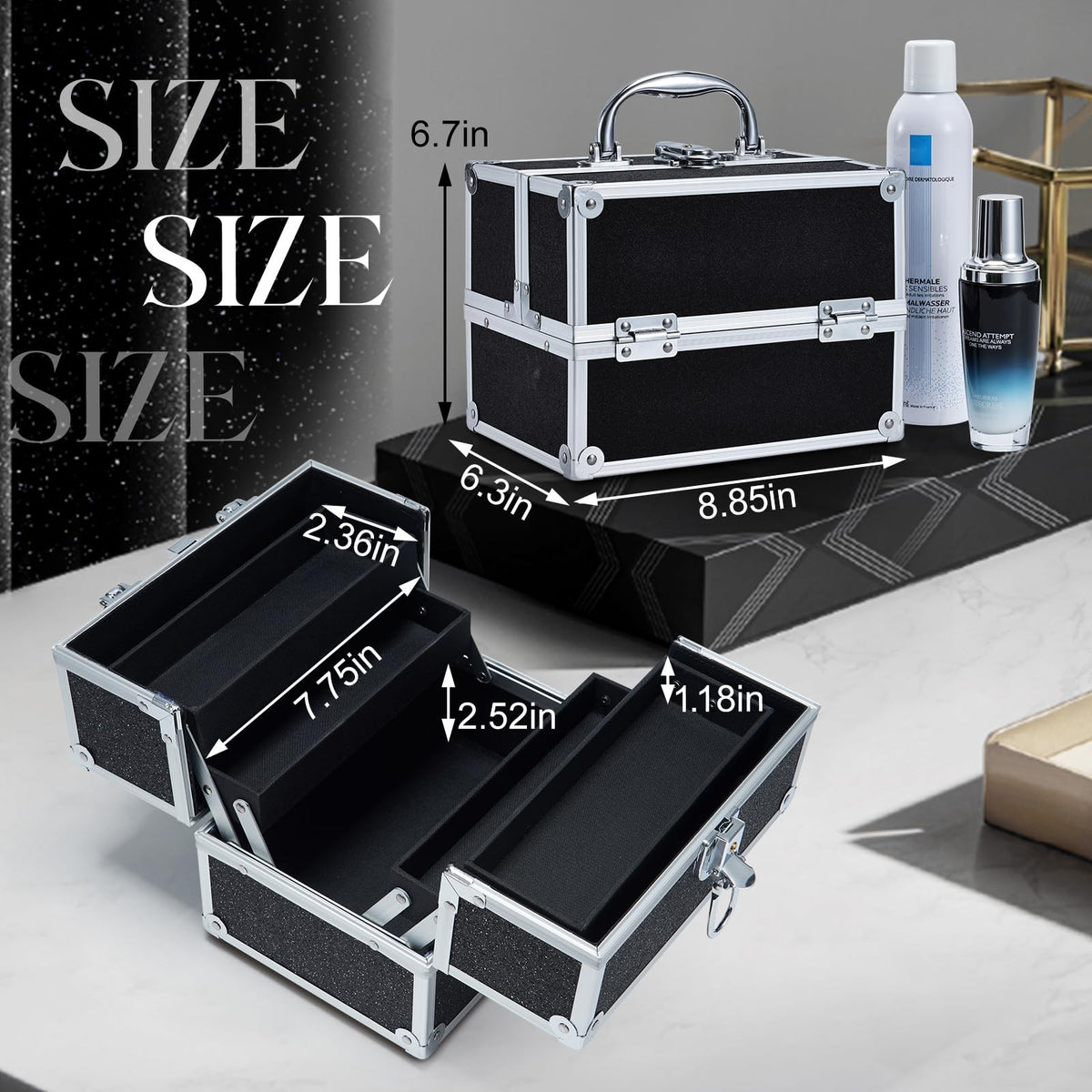 Black Portable Makeup Train Case with Lock & Multi-Tier Organizer