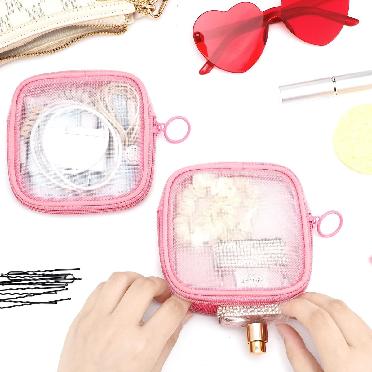 Small Mesh Makeup Bag - Transparent Travel Cosmetic Organizer, Pink