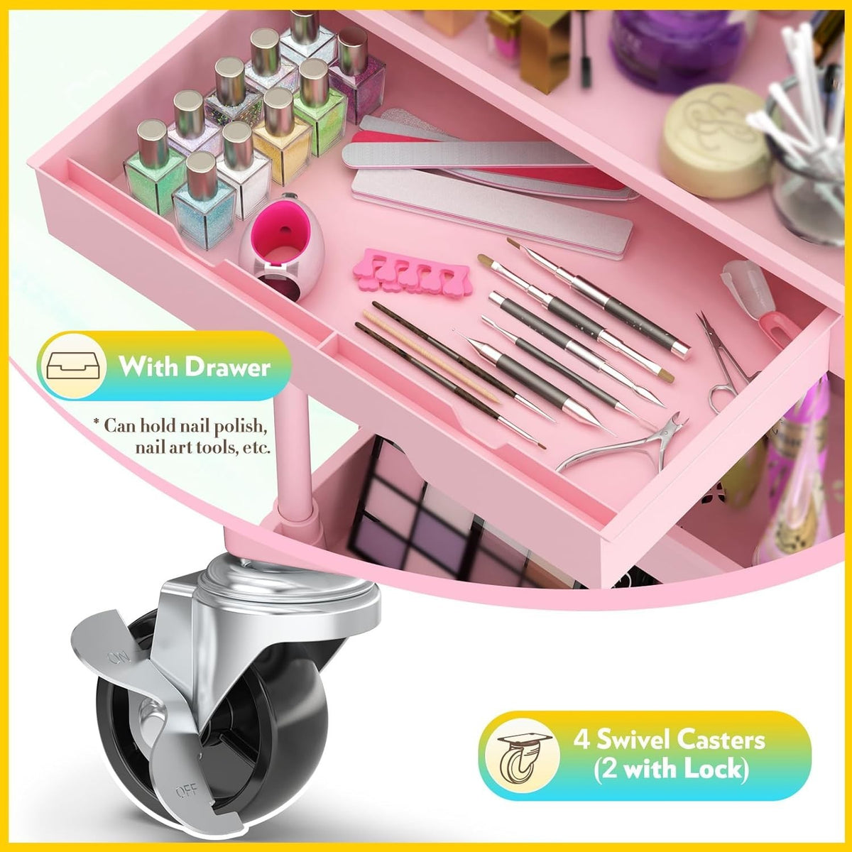 Pink Makeup Cart Organizer with Drawers and Rolling Storage