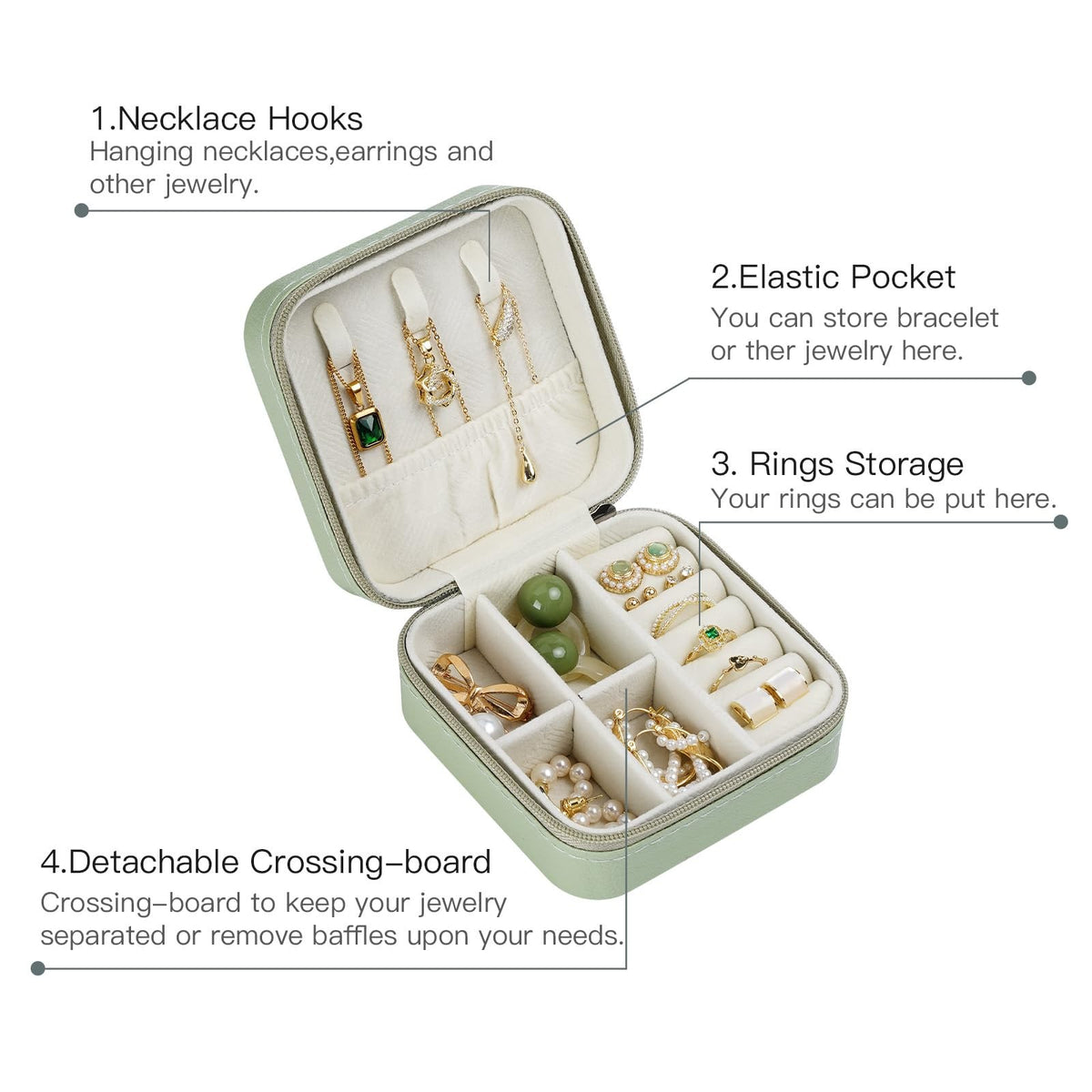 Travel Jewelry Case - Small Leather Organizer with Necklace Hooks & Ring Grooves, Green
