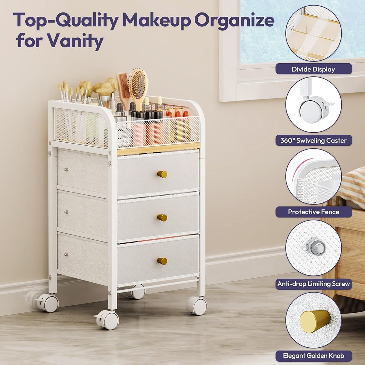 Rolling Makeup Organizer Cart with 3 Non-Woven Drawers Under Desk Storage