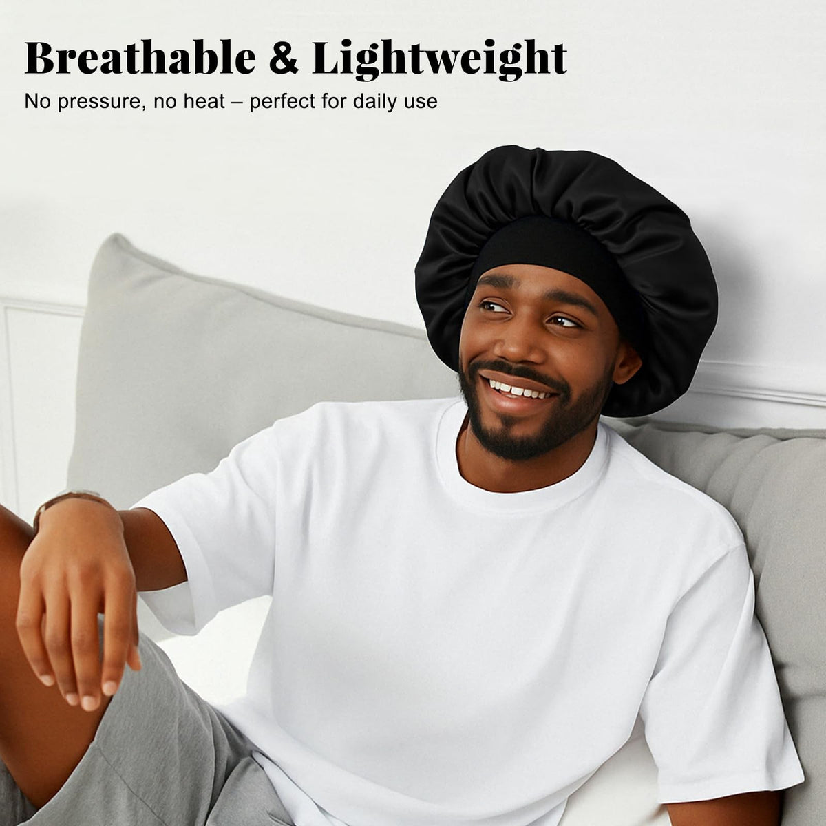ZHENSILK 2PCS Silk Satin Bonnet for Men 14.2 Inch, Color-a Black+blue