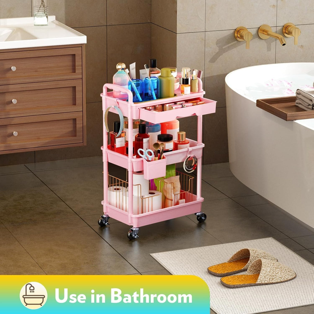 Pink Makeup Cart Organizer with Drawers and Rolling Storage