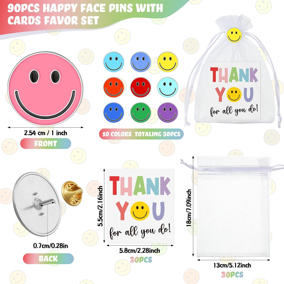 Thank You Gift Set with Smile Face Lapel Pins and Cards - Bulk 30 Pieces