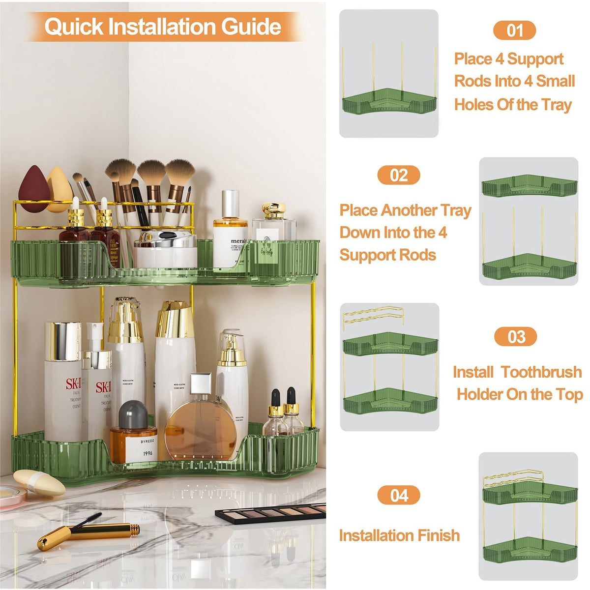 Corner Bathroom Counter Organizer with Makeup Brush Holder - 2 Tier Acrylic Storage Shelf, Green