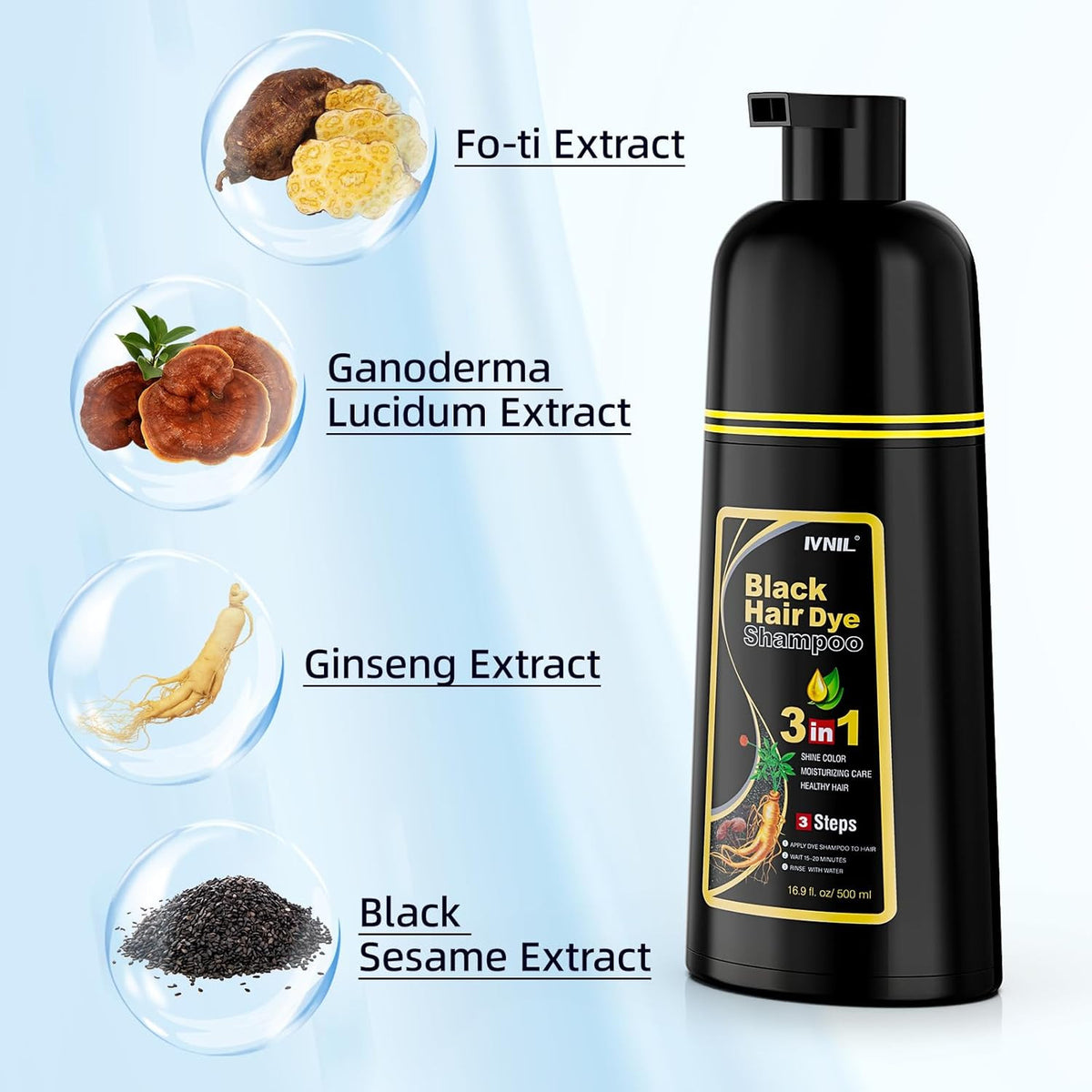 Black Hair Dye Shampoo 3-in-1 Semi-Permanent Color