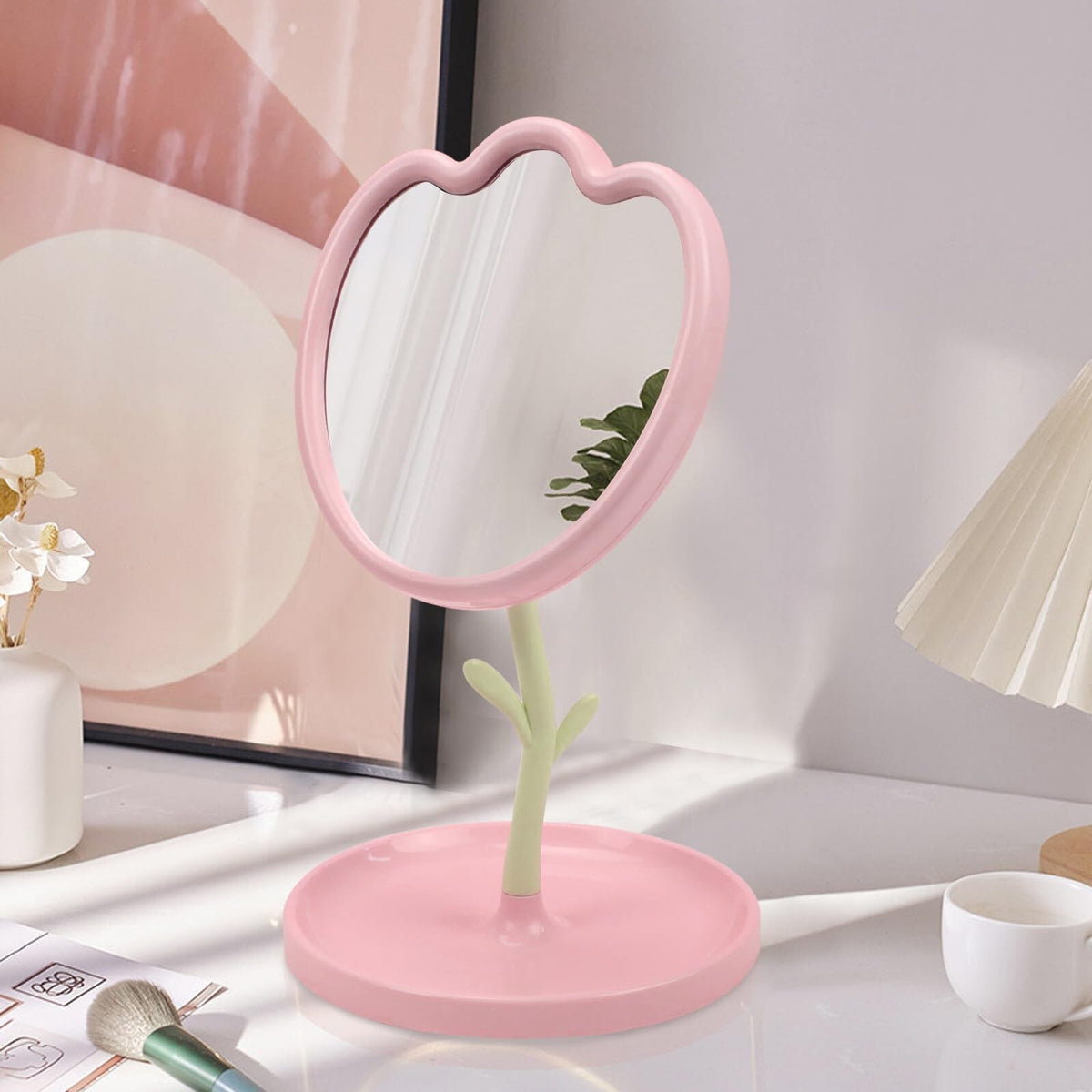 Flower Shaped Tabletop Vanity Mirror with Tray - Pink Compact Makeup Mirror