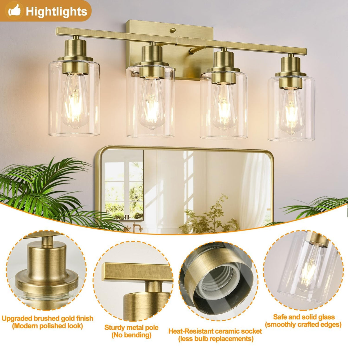 Modern Brass Bathroom Wall Light Fixtures with Clear Glass Shades - 4-Light