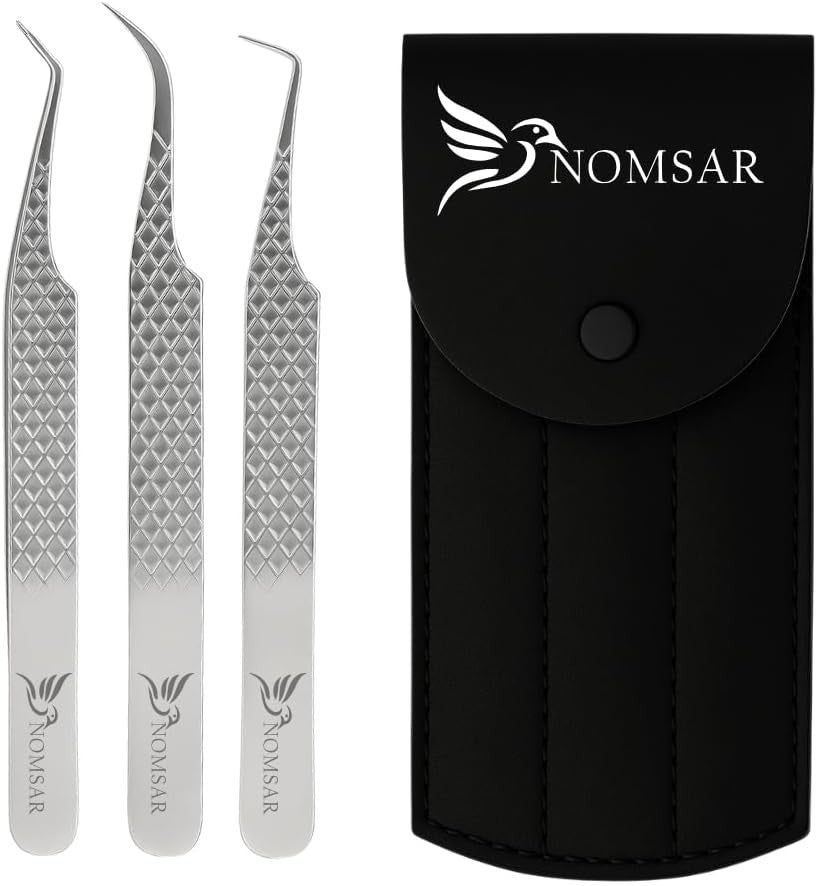 Lash Extension Tweezers Set with Fiber Tip and Diamond Grip - Stainless Steel, Professional Lash Tool
