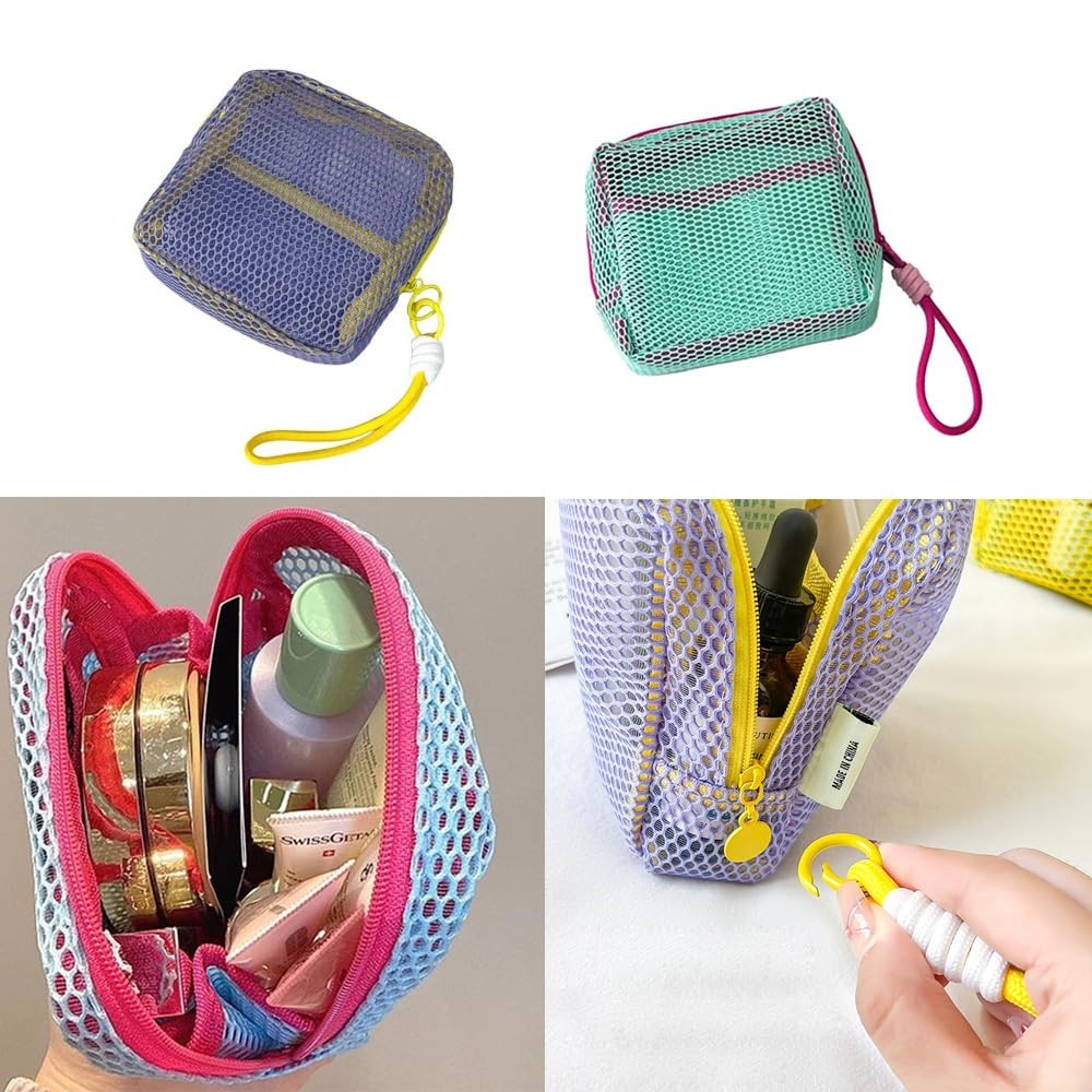 2 Pack Mesh Cosmetic Bags Small Travel Organizer with Detachable Handles - Green & Purple