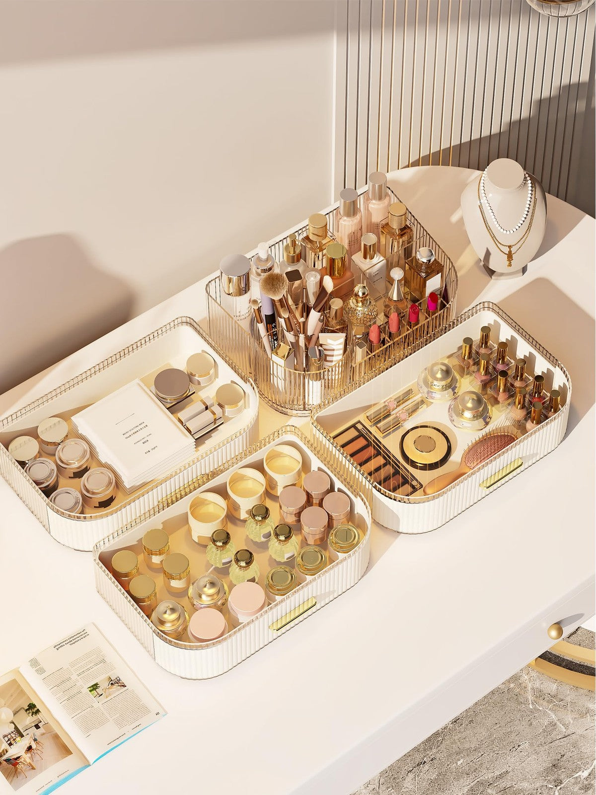 Stackable Makeup Organizer with Rotating Brush Holder and Large Display Case