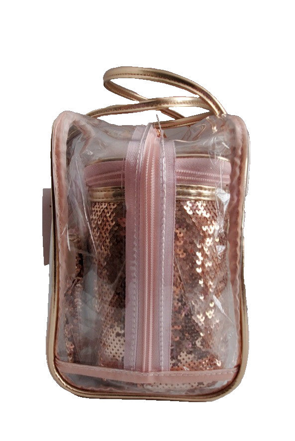 Pink Sequin Weekender Set with Red Stones - 8 Piece Cosmetic Bag Organizer
