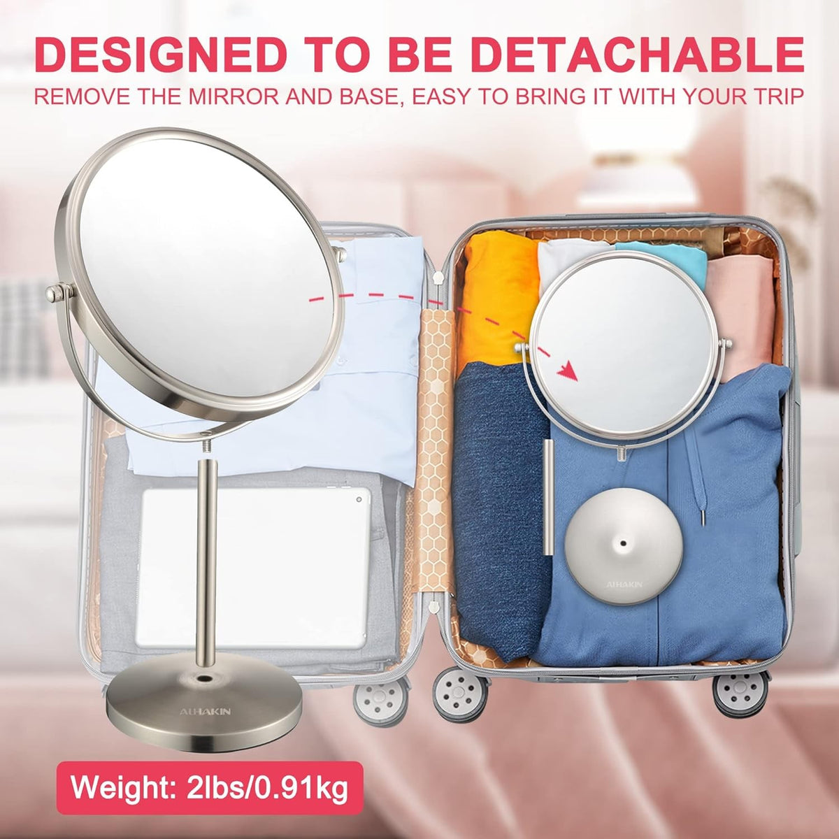8 Inch Double-Sided Makeup Mirror with 1X/10X Magnification, Tabletop, Detachable Base