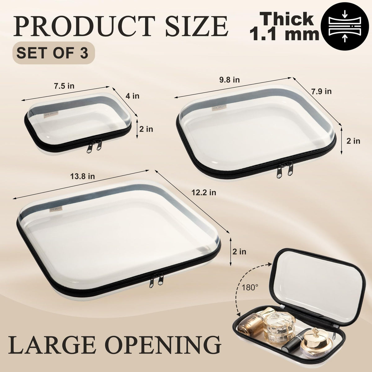 Clear Hard Shell Zipper Storage Cases Set of 3 - Travel & Organization