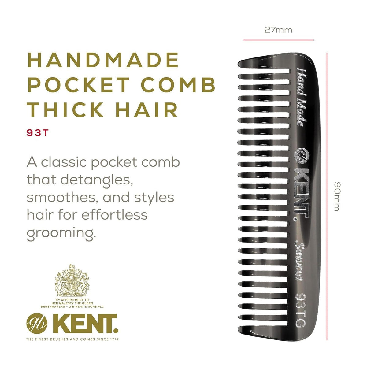 Kent 93T Black Graphite Wide Tooth Men's Beard & Mustache Comb -