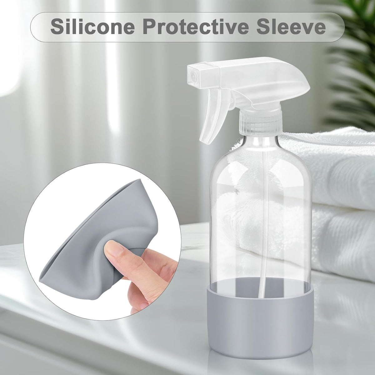 16 oz Glass Spray Bottles 2-Pack with Silicone Sleeve & Adjustable Nozzle