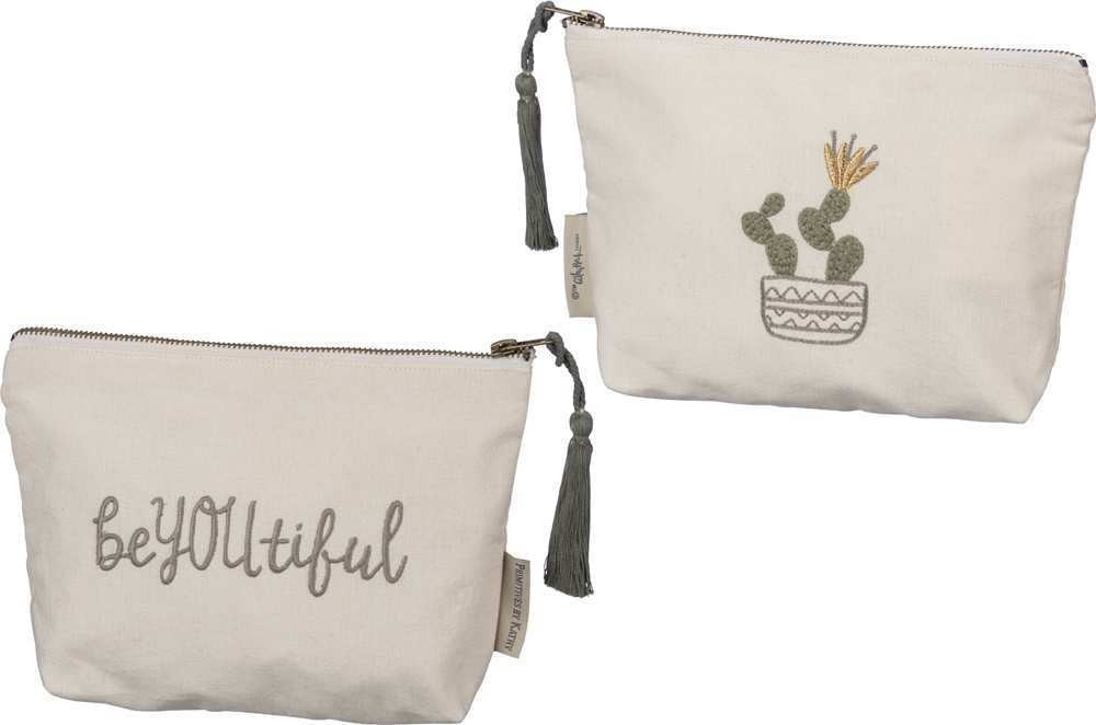 Cotton Linen Cosmetic Pouch with Embroidery & Tassel - Be You Tiful