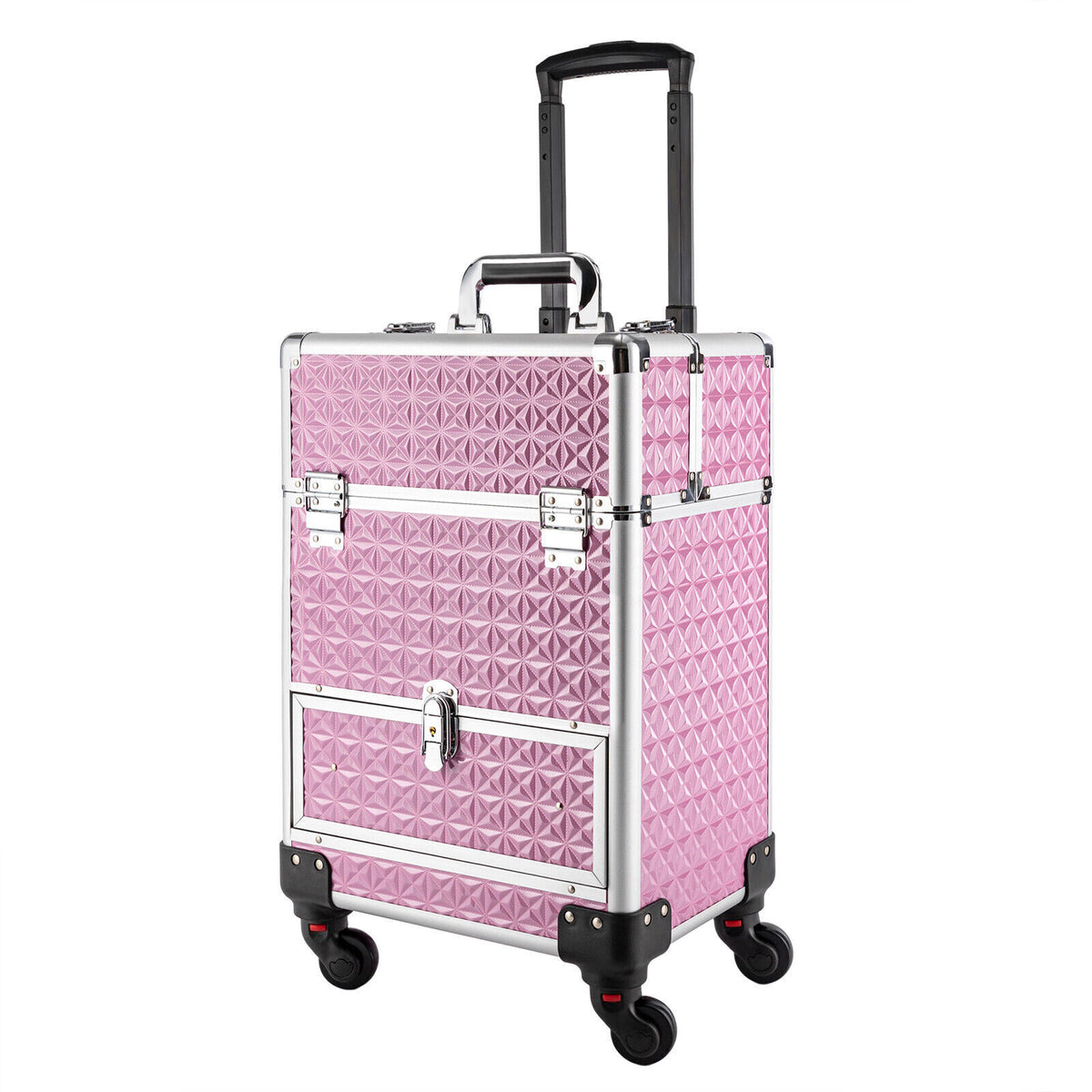 Professional Rolling Makeup Train Case - Aluminum Alloy Cosmetic Trolley with 7 Compartments