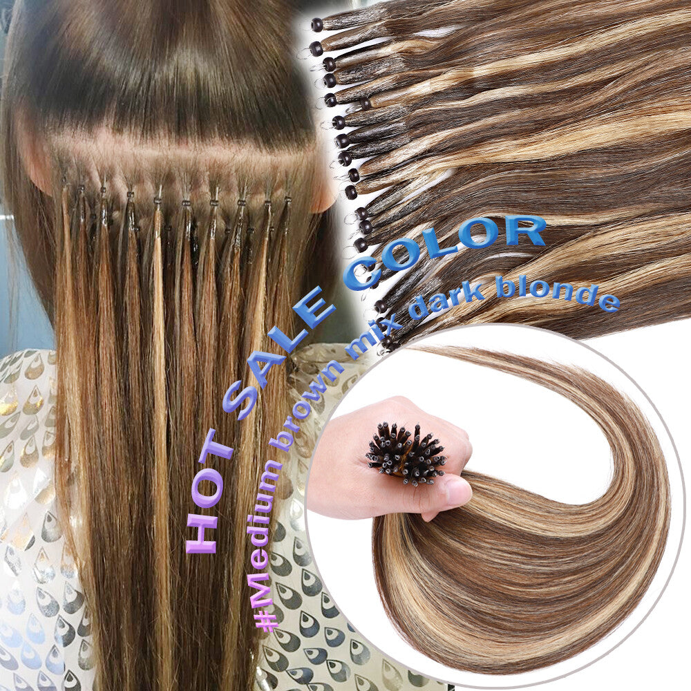 Beads Hair Extensions Nano Bean Remy Micro Loop Link I Tip - Multiple Colors & Lengths