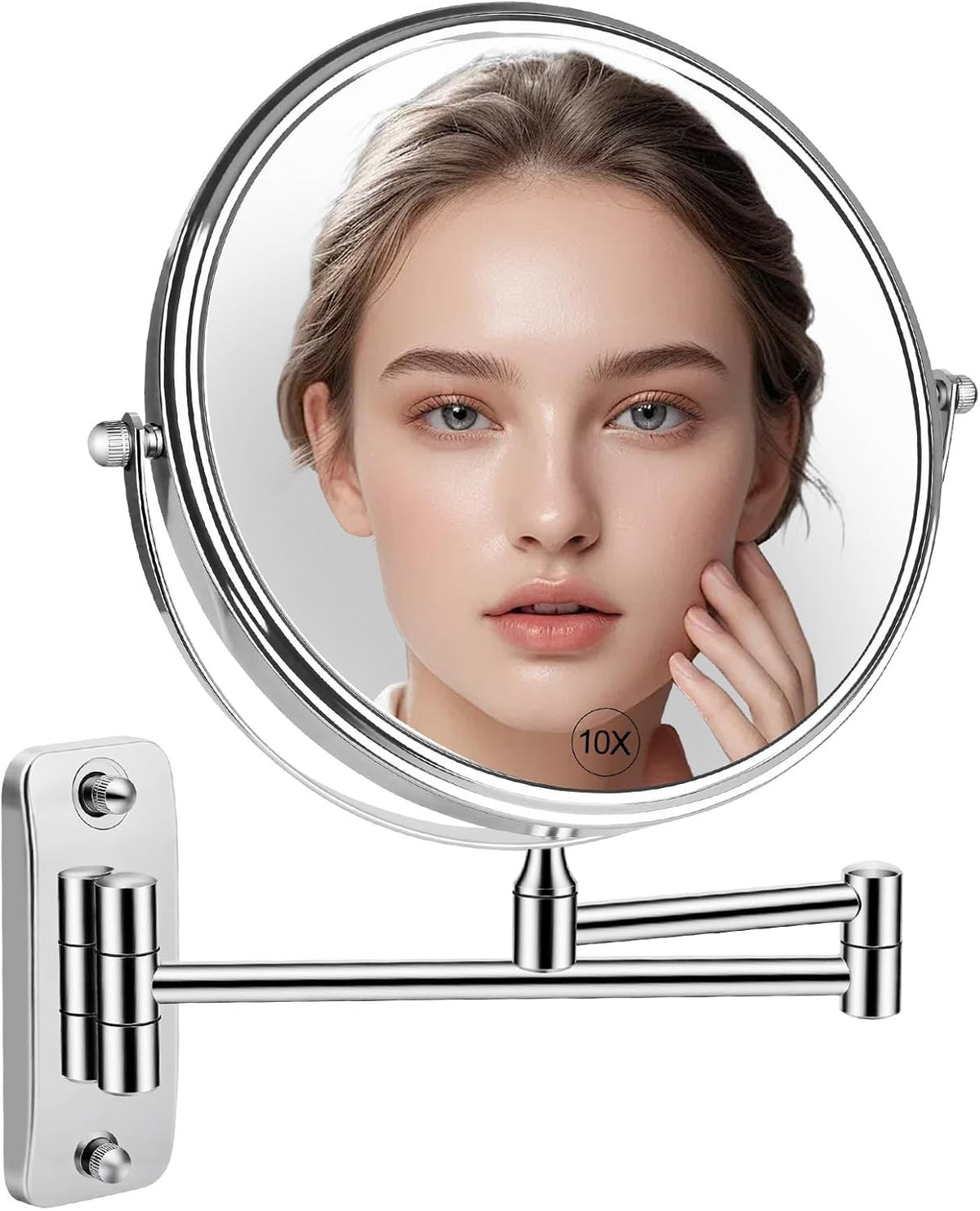 Wall Mount 10X Magnifying Makeup Mirror with 360° Rotation and Telescoping Arm