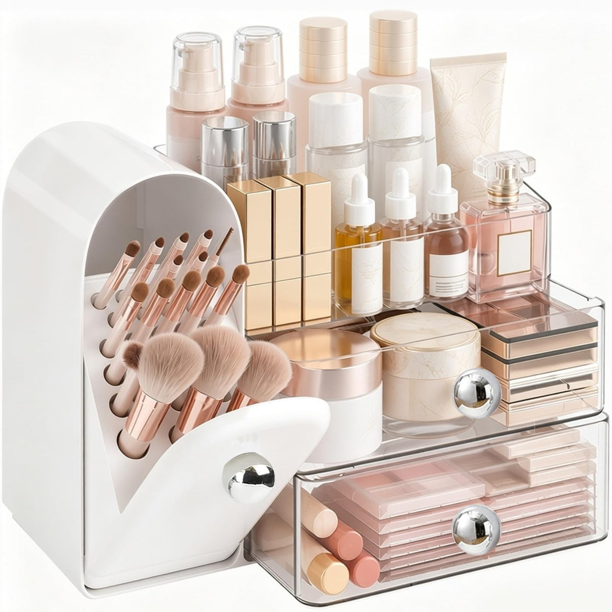 Large Makeup Organizer with Brush Holder, Vanity Storage Box