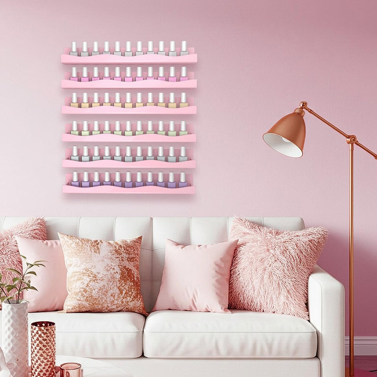 Pink 15 Inch Wall Mounted Nail Polish Shelf Holds 66-90 Bottles