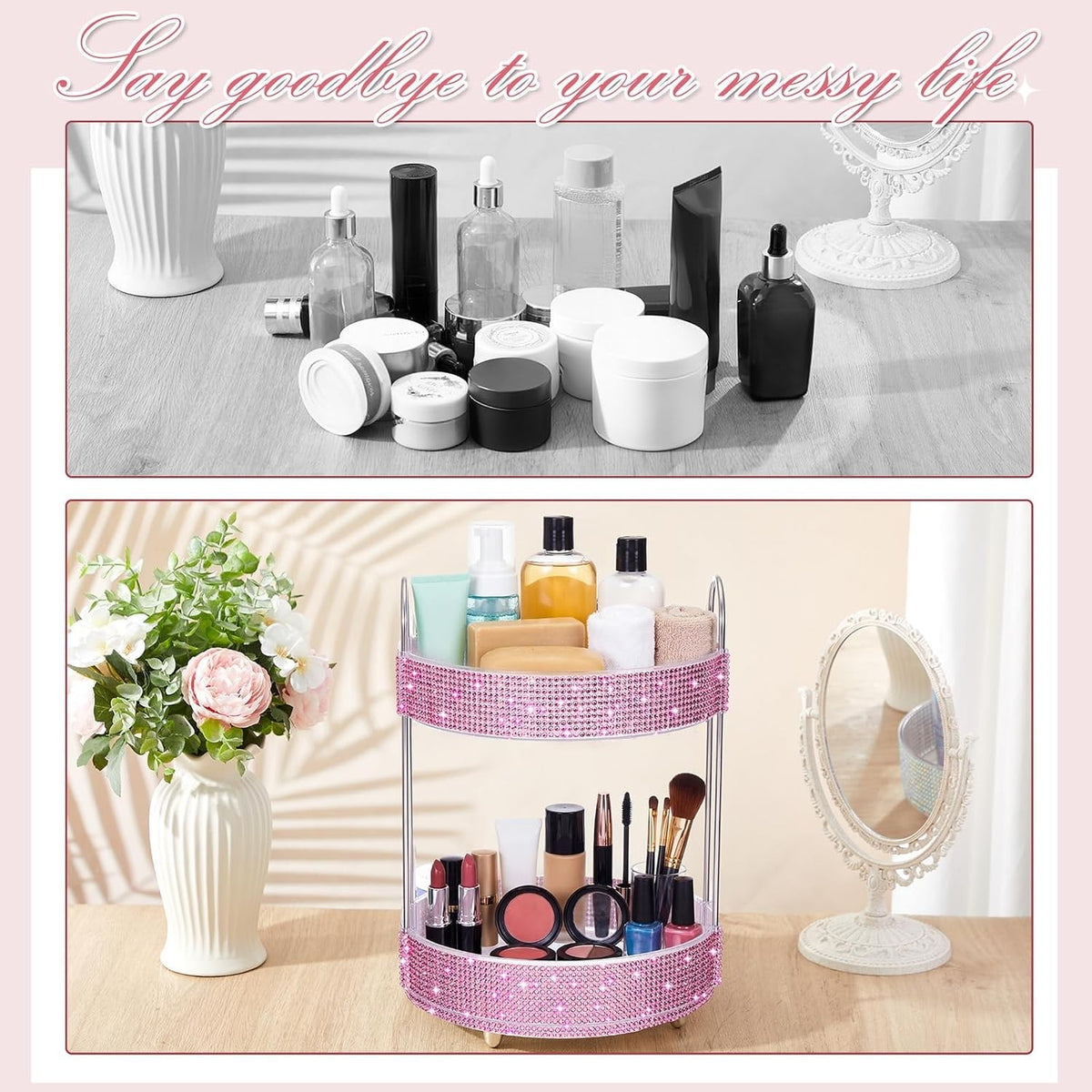 360 Rotating Rhinestone Perfume Organizer 2 Tiers Pink Diamond Display